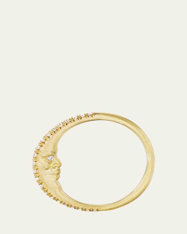 18K Yellow Gold Diamond Crescent Moonface Ring, Size